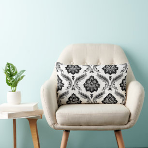 Coussin Rectangle Motif Damassé Rococo Gris Noir Blanc