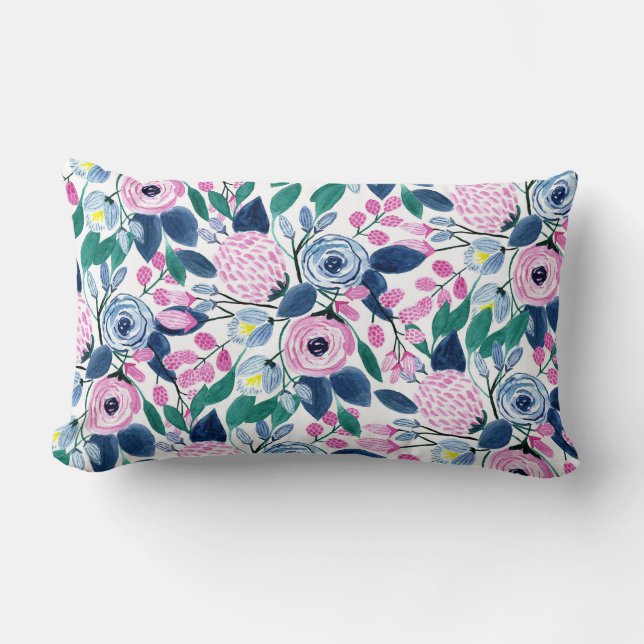 Coussin Rectangle Motif d'aquarelle Sweet Rose Navy Flowers (Recto)