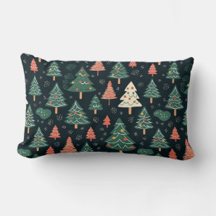 Coussin Rectangle Motif d'arbre de Noël vert et corail festif