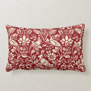 Coussin Rectangle Motif de faisan et lièvre, rouge profond et crème