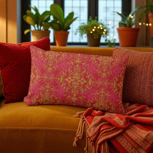 Coussin Rectangle Motif de style damassé fantaisie rose profond et o