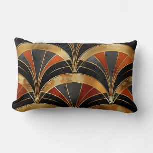 Coussin Rectangle Motif d'éventail Art déco noir, or et rouge profon
