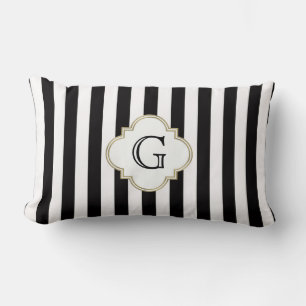 Coussin Rectangle Motif en bande noire et blanche avec Monogramme bl