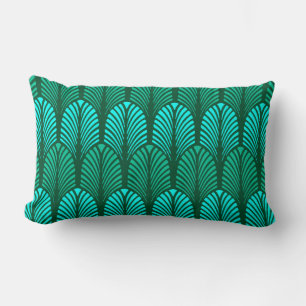 Coussin Rectangle Motif en plumes Art déco, turquoise et aqua