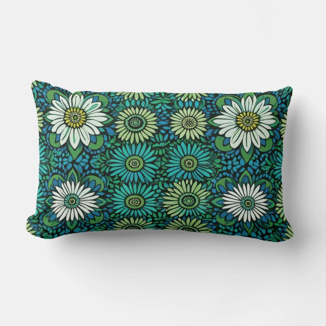 Coussin Rectangle Motif floral bleu, vert et blanc (Recto)