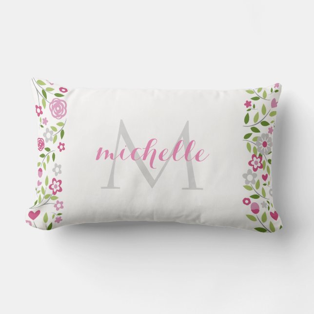 Coussin Rectangle Motif floral gris rose personnalisé de monogramme (Recto)