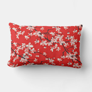 Coussin Rectangle Motif floral rouge stylisé en fleurs de cerisiers