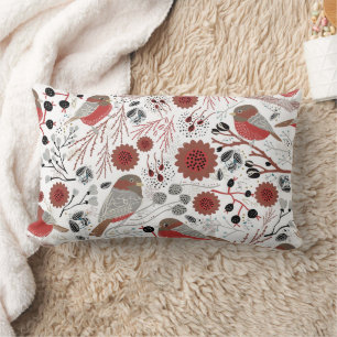 Coussin Rectangle Motif gris rouge mésanges