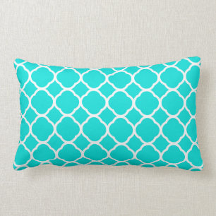 Coussin Rectangle Motif Quatrefeuilles Turquoise Clair et Blanc