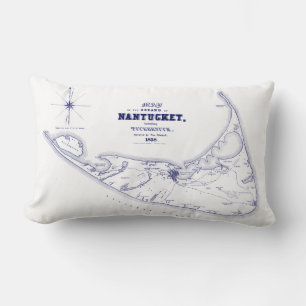 Coussin Rectangle Nantucket Island MA Carte Vintage Marine Blue