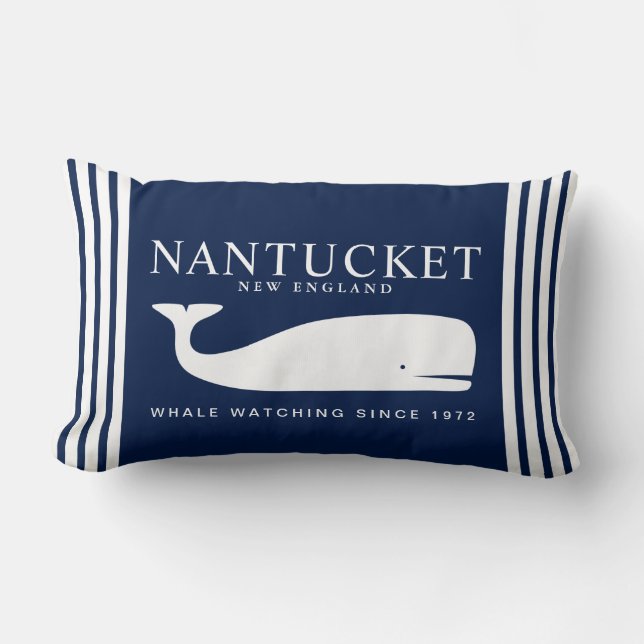 Coussin Rectangle Nantucket Whale Watching – White and Navy Blue (Recto)