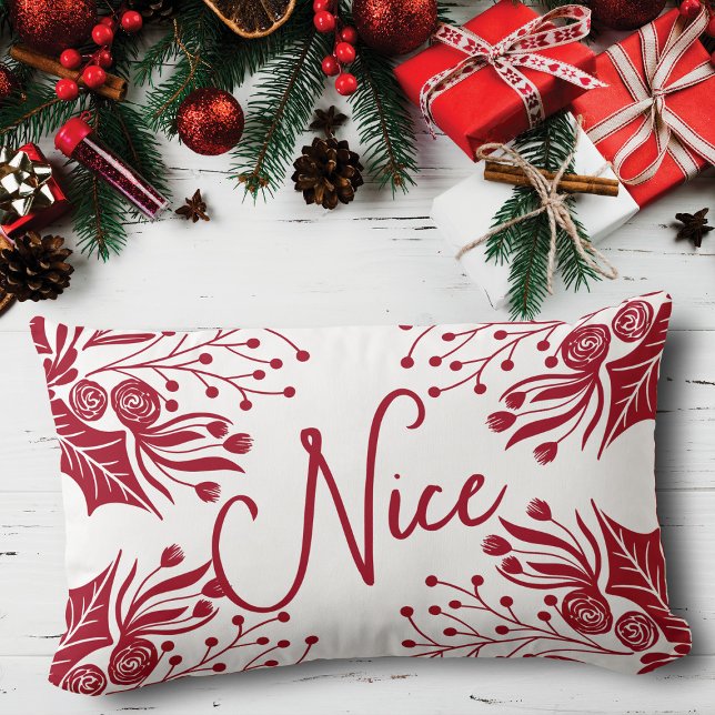 Coussin Rectangle Naughty Nice Rouge Blanc Noël Floral Ivy Feuilles (Créateur téléchargé)