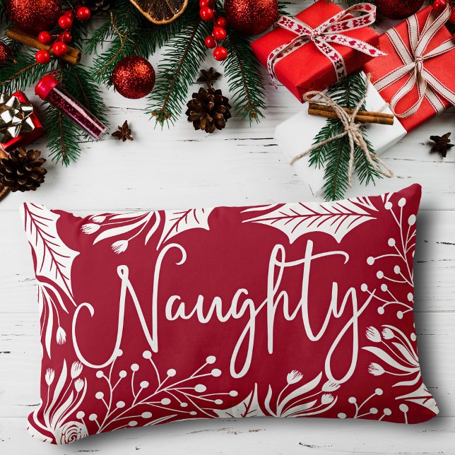 Coussin Rectangle Naughty Nice Rouge Blanc Noël Floral Lisse Ivy (Créateur téléchargé)
