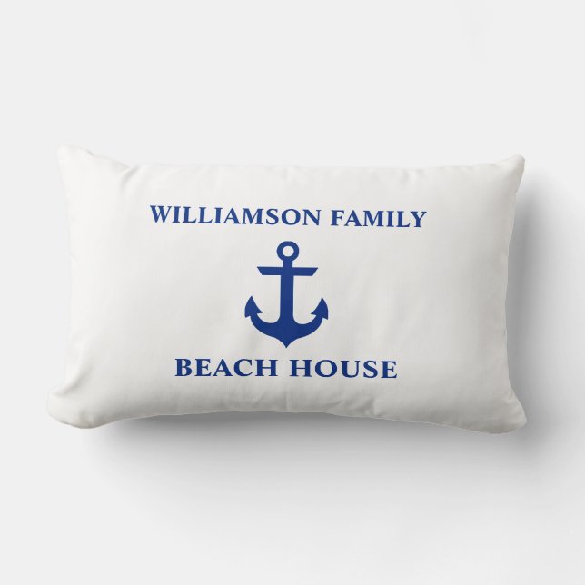 Coussin Rectangle Nautical Beach House Nom de famille Ancre White (Recto)