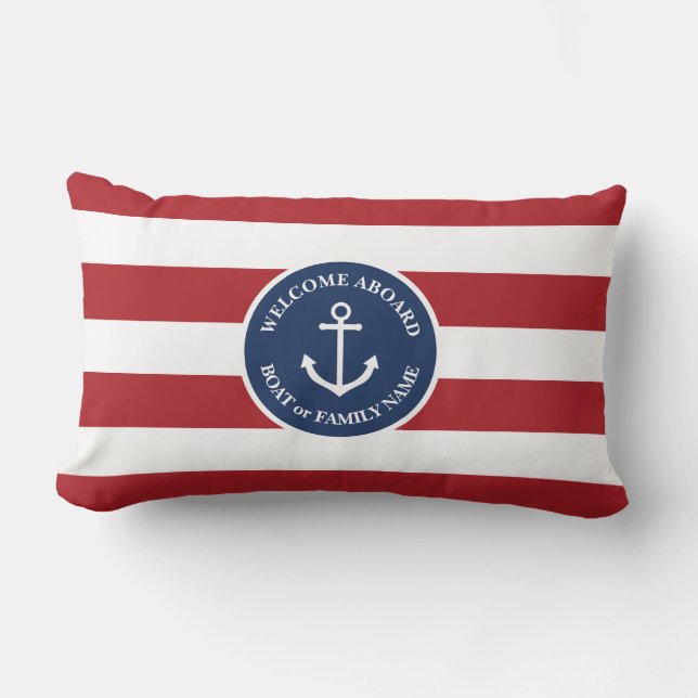 Coussin Rectangle Nautical red striped welcome aboard pillow (Recto)