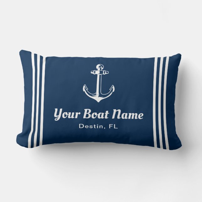 Coussin Rectangle Nautique Marine Blue Custom Boat Nom Lumbar (Recto)
