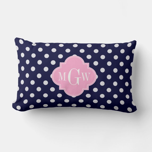 Coussin Rectangle Navy Blanc Points Roses Quatrefeuilles 3 Monogramm (Recto)