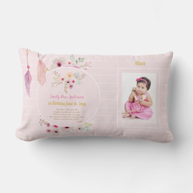 Coussin Rectangle Nièce 1er anniversaire PHOTO et POEM Cadeau (Recto)