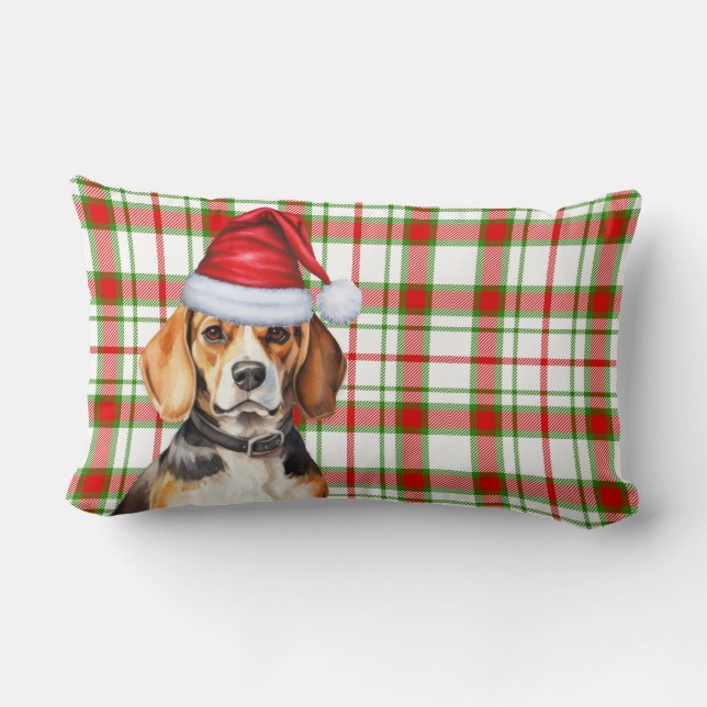 Coussin Rectangle Noël Beagle Chien Rouge Vert Plaid Vacances (Verso)