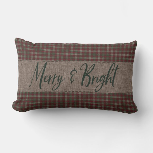 Coussin Rectangle Noël Primitif Rouge & Vert Homespun Joyeux Joyeux (Recto)