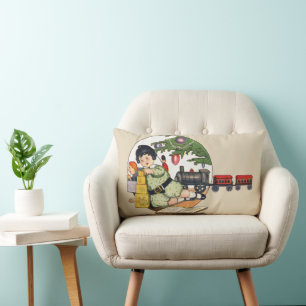 Coussin Rectangle Noël vintage, Joyeux garçon jouant avec des jouets