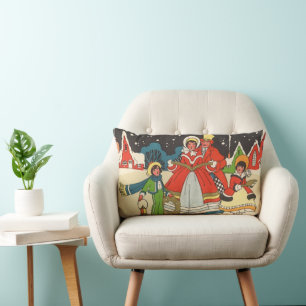 Coussin Rectangle Noël vintage, une famille chantant des chants de m