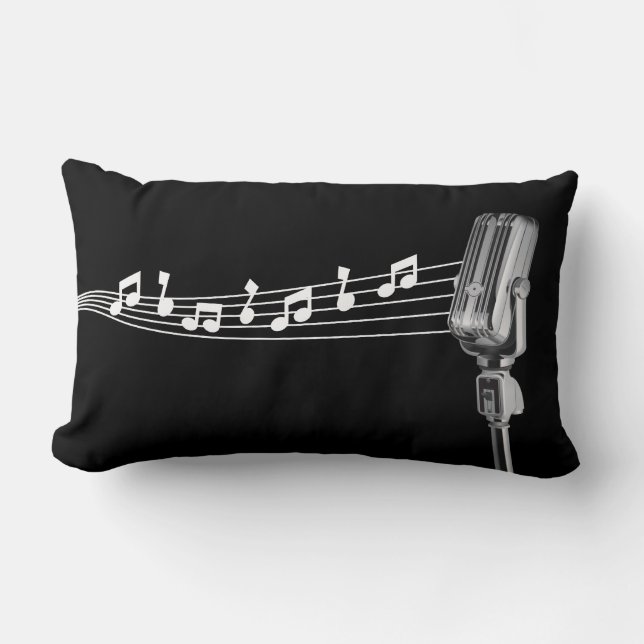 Coussin Rectangle Noir de rétro MIC fraîche et de notes musicales (Recto)