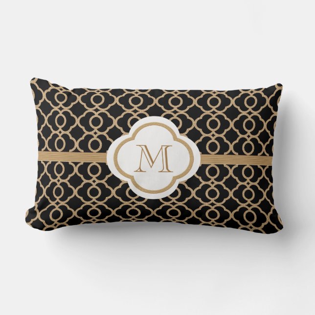 Coussin Rectangle Noir et or marocain monogramme (Recto)
