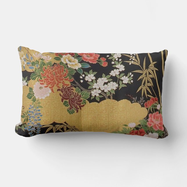 Coussin Rectangle Noir et or traditionnel japonais Kimono floral (Recto)