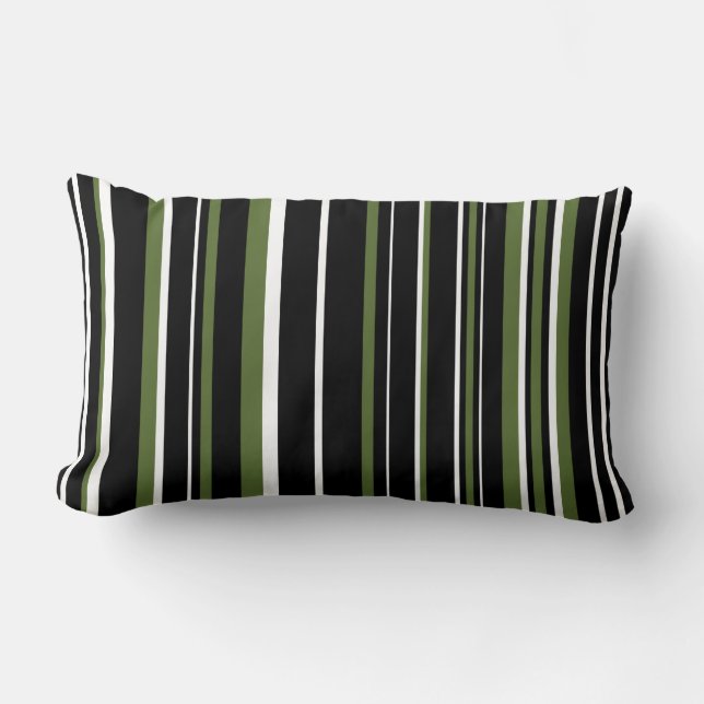 Coussin Rectangle Noir, vert olive et rayure de code-barres blanche (Recto)