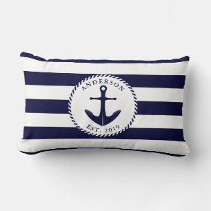 Coussin Rectangle Nom de famille Ancre Marine marine bleu et blanc