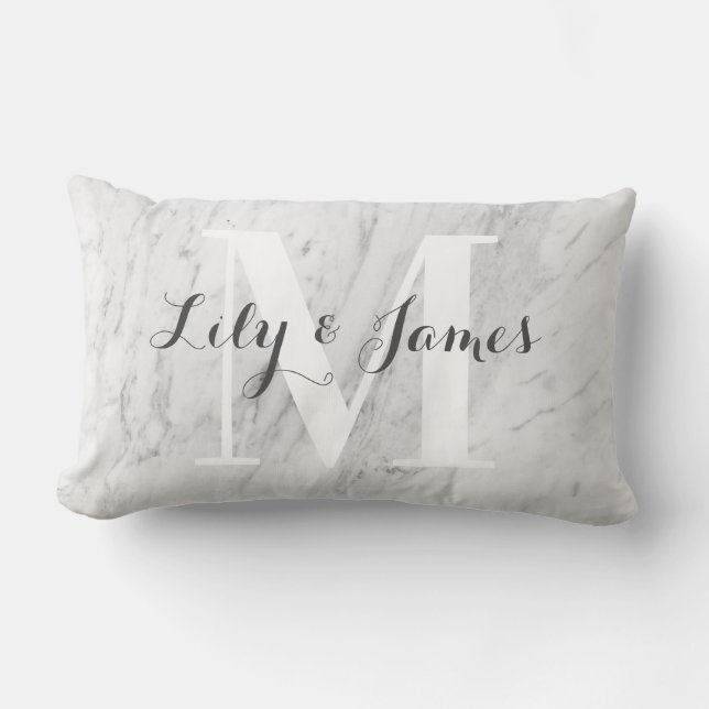 Coussin Rectangle Nom du monogramme Marbre gris blanc Mariage Keepsa (Recto)