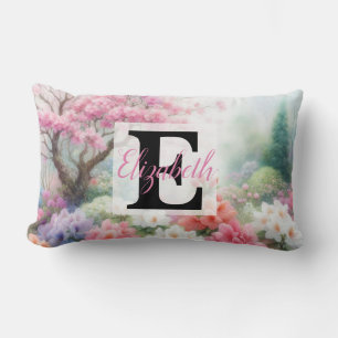 Coussin Rectangle Nom du monogramme sur l'aquarelle Fleurs en pastel