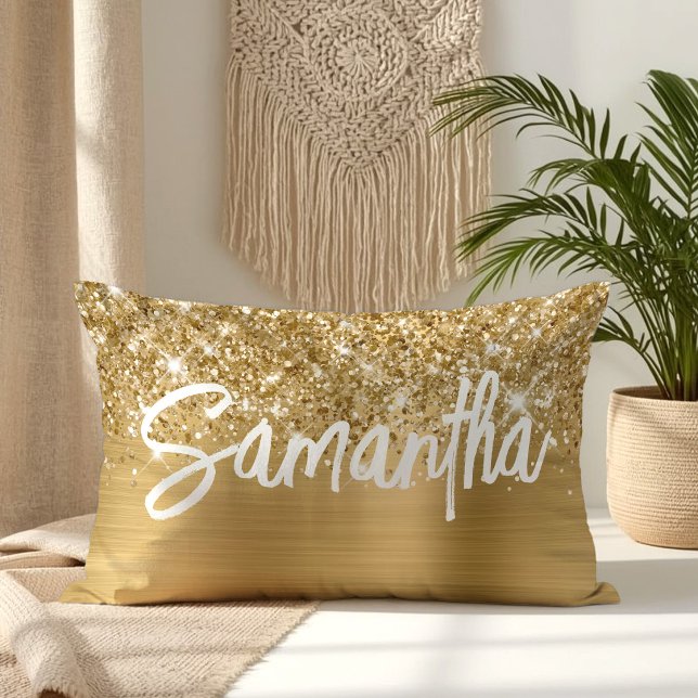 Coussin Rectangle Nom du script de pinceau Glittery Gold Glam (Glittery Gold Glam Brush Script Name Lumbar Pillow)