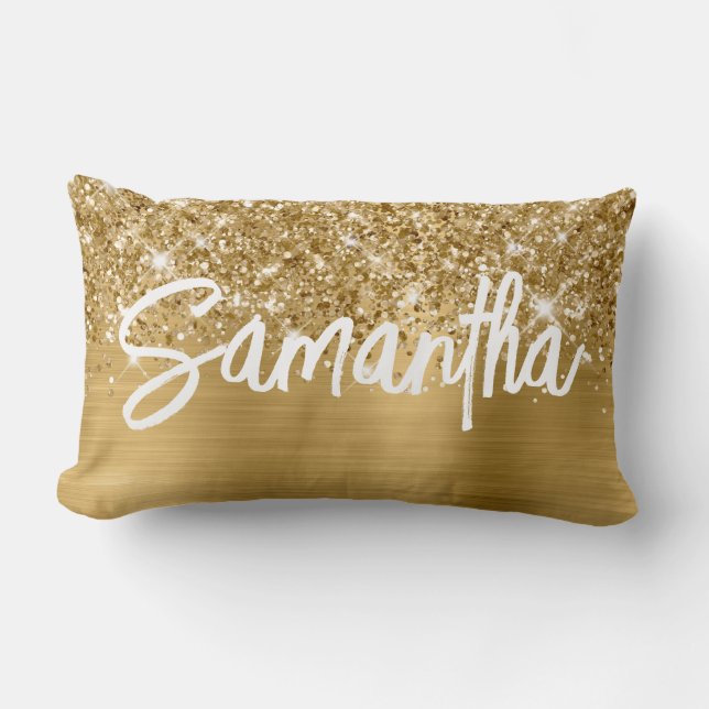 Coussin Rectangle Nom du script de pinceau Glittery Gold Glam (Recto)