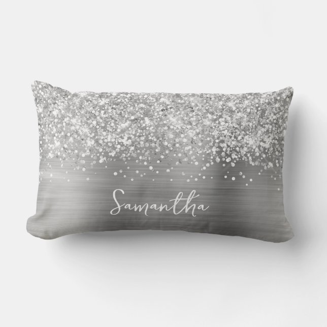 Coussin Rectangle Nom du script Glittery Silver Glam (Recto)