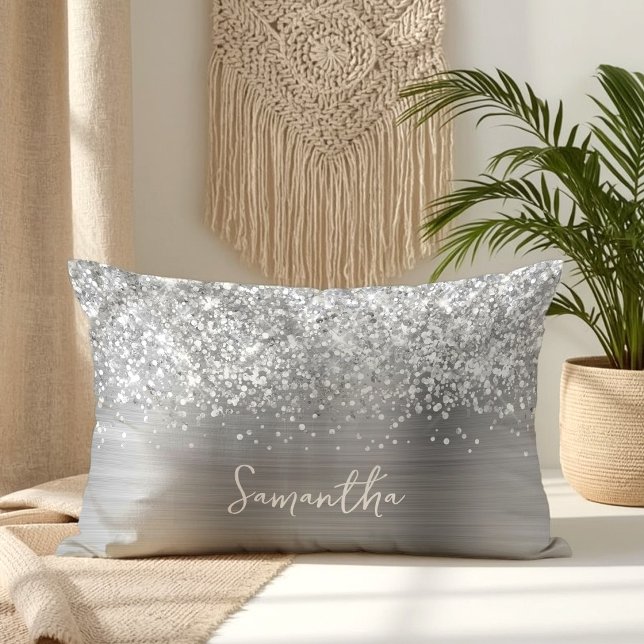 Coussin Rectangle Nom du script Glittery Silver Glam (Glittery Silver Glam Script Name Lumbar Pillow)