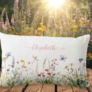 Coussin Rectangle Nom du script rose fleur sauvage