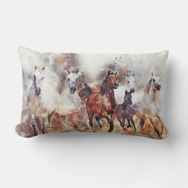 Coussin Rectangle Oeuvre d'aquarelle des Chevaux sauvages (Recto)