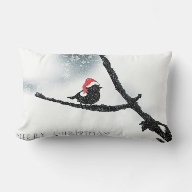 Coussin Rectangle Oiseau avec chapeau de Père Noël, Joyeux Noël (Recto)
