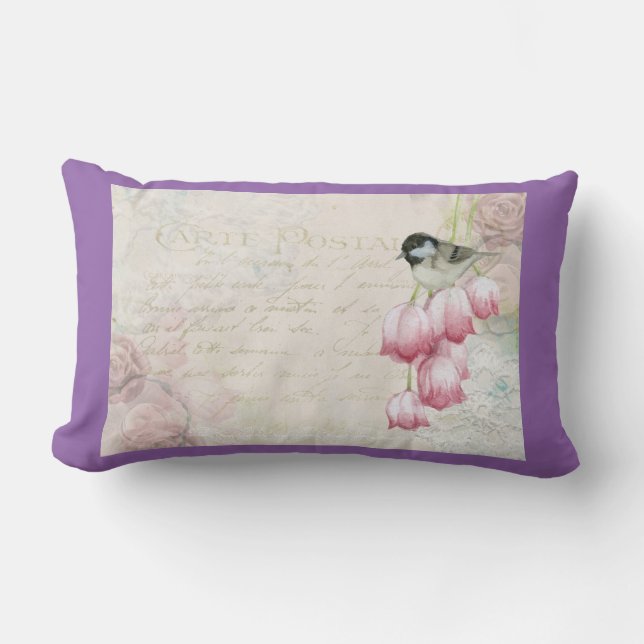 Coussin Rectangle Oiseau et fleurs avec écriture manuscrite Shabby V (Recto)