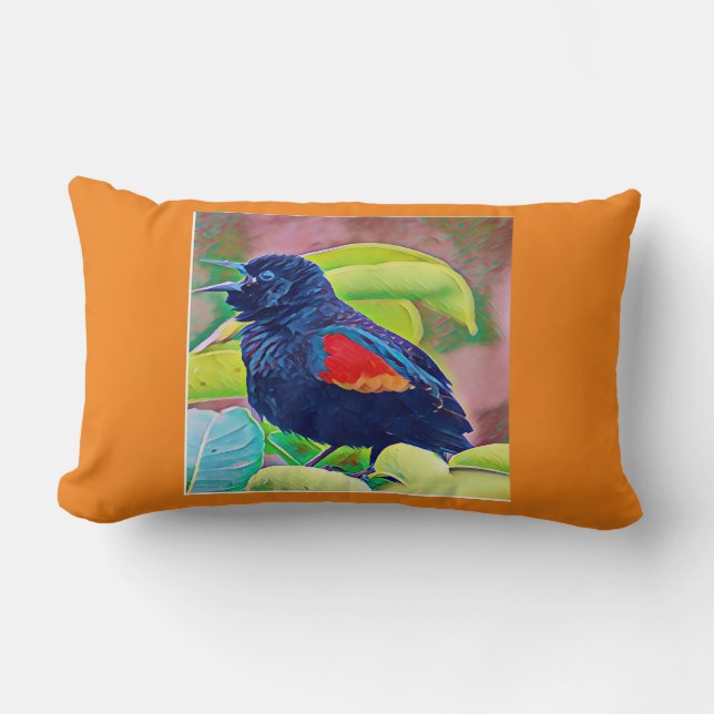 Coussin Rectangle Oiseau noir ailé rouge (Recto)