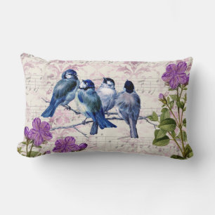Coussin Rectangle Oiseaux bleus vintages, Fleurs violettes, Musique 