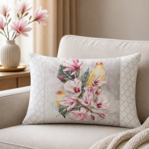 Coussin Rectangle Oiseaux et fleurs de magnolia rose
