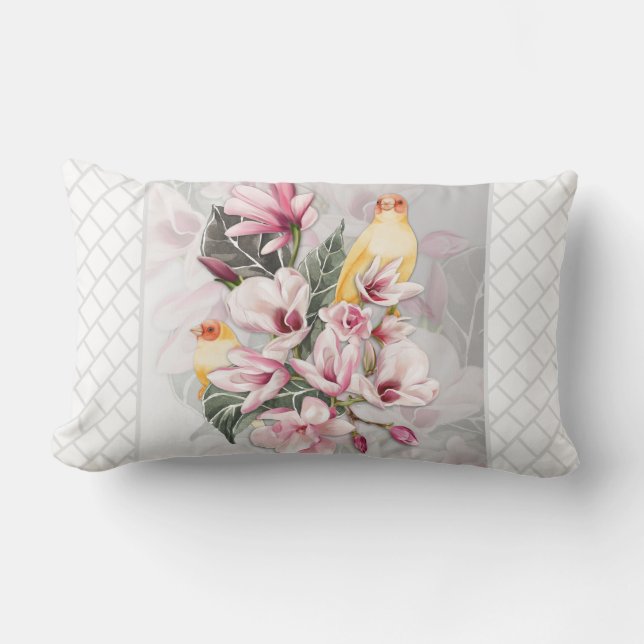 Coussin Rectangle Oiseaux et fleurs de Magnolia rose (Recto)