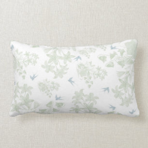 Coussin Rectangle Oiseaux gris floraux élégants vintages verts