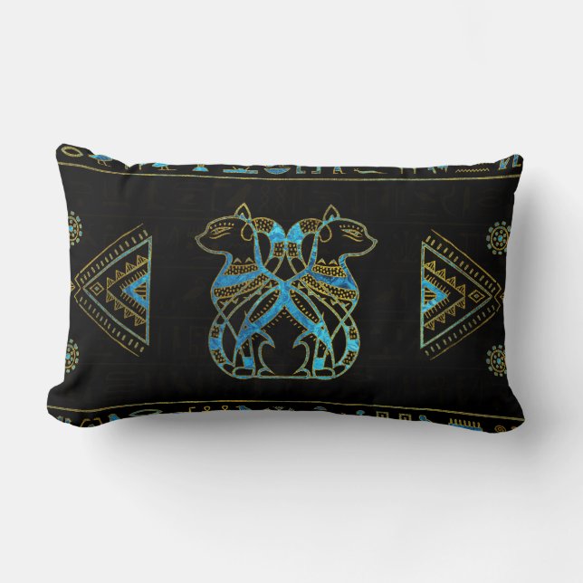 Coussin Rectangle Or de chats égyptiens et verre souillé de bleu (Recto)