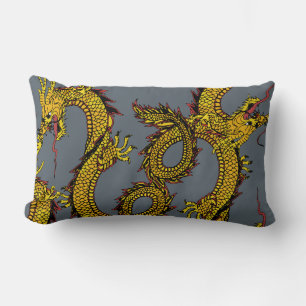 Coussin Rectangle Or et dragons rouges sur le gris
