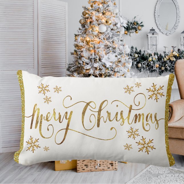 Coussin Rectangle Or Festif, Blanc, Joyeux Noël (Festive Gold, White, Merry Christmas Lumbar Pillow)