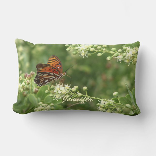 Coussin Rectangle Orange Papillon vert Nom personnalisé (Recto)